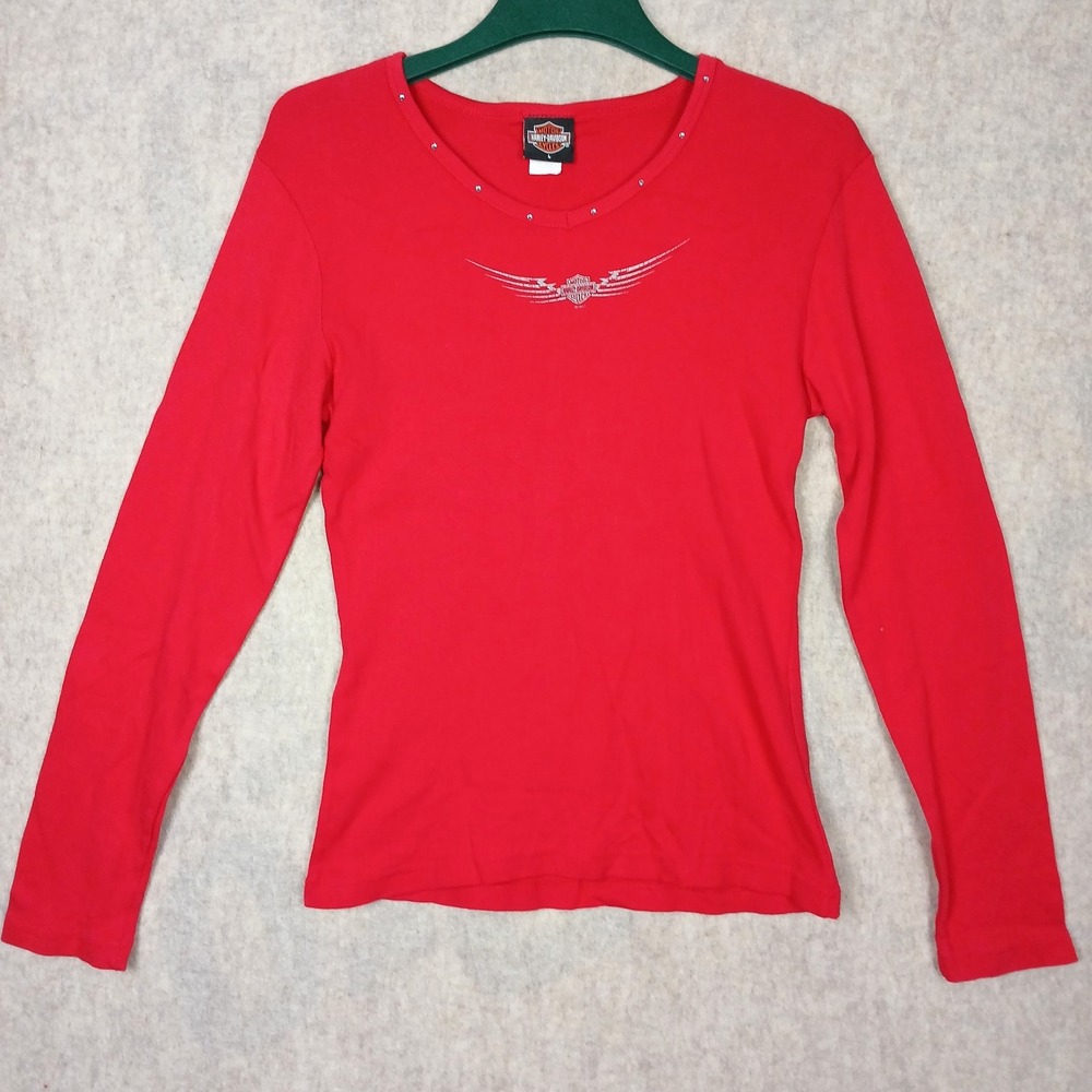 VTG Harley Davidson Holoubek Women's LARGE Rhinestone Red V-Neck Nags Head NC